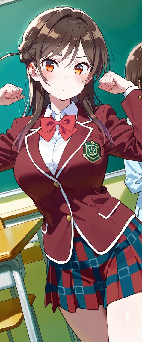 masterpiece, best quality, super detailed 8k, high resolution, 1 clean girl, any friends, Chizuru Ichinose, Kanojookarishimasu, cool and cute girl, white skin, clean skin, slender, round body, ample bosom large breasts, waist length medium hair, dark brown...