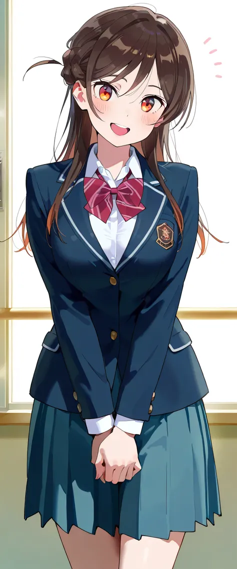 masterpiece, best quality, super detailed 8k, high resolution, 1 clean girl, solo, Chizuru Ichinose, Kanojookarishimasu, cool and cute girl, white skin, clean skin, slender, round body, ample bosom large breasts, waist length medium hair, dark brown hair, ...