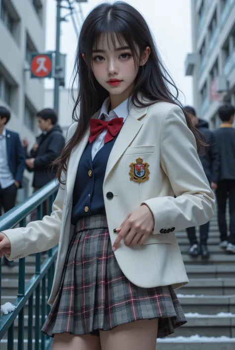 ultra fineCG Unity 8k壁紙、best image quality、ultra fine、masterpiece、real、写真real、ultra fine可愛い女の子、18 years old、(high school girl standing on school stairs)。 ((Rear view)),((looking back at the drugstore)),(笑faceの高校生)、((skirt flip))、((flipping by myself))、low ...