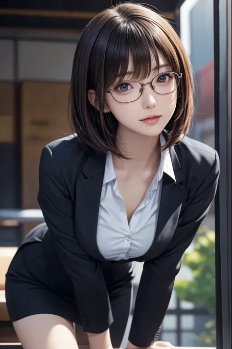 1girl, sitting, (leaning forward, Subtle glimpse), wallpaper of extremely detailed CG unit, Digital painting, ((kawaii anime)), straight bob hair, large breasts, radiant skin glow, natural face lighting, wearing a business suit, dress shirt, skirt, glasses...