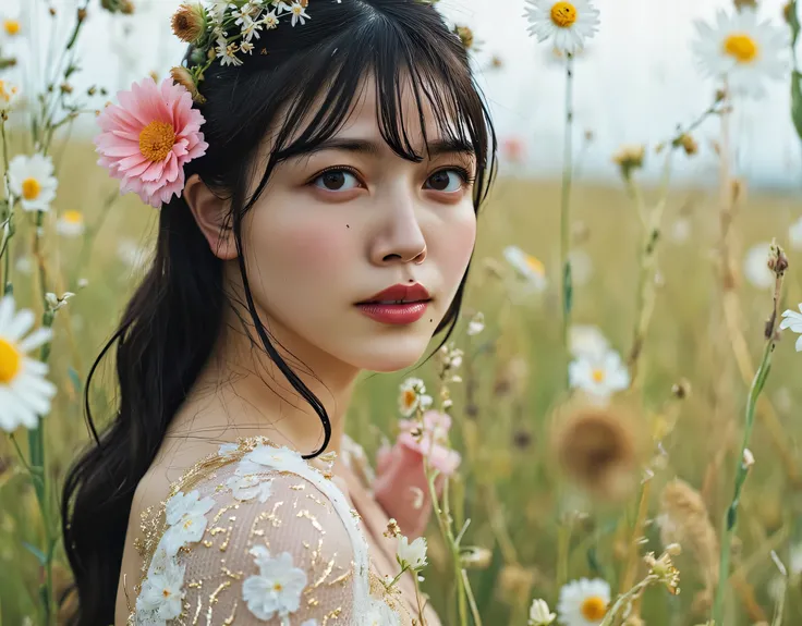 (((a vast prairie in the middle of the spring:2.0))),((Starry sky with constellations:2.0)),,(((Fantasy Atmosphere:2.0))),(((A flower sandwiched between the buttocks:2.0))),(((light yellow-green eyeshadow:2.0))),side view from the back,Side pose,((Looking ...