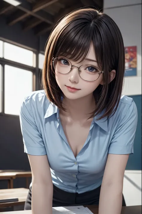 1girl, sitting, (leaning forward, Subtle glimpse), wallpaper of extremely detailed CG unit, Digital painting, ((kawaii anime)), straight bob hair, medium breasts, radiant skin glow, natural face lighting, wearing a business suit, dress shirt, glasses, (mas...