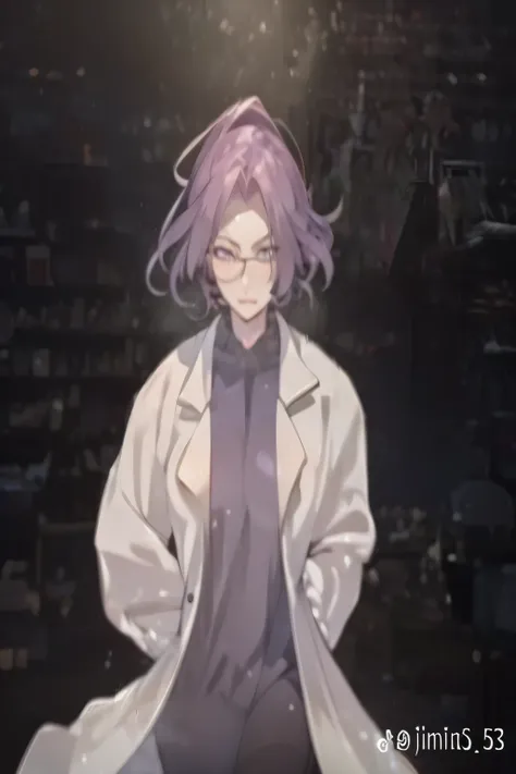 one girl,long hair, purple hair thighs, big breasts, purple eyes, No expression on the face , multi-aspect perspective, Glass glasses , mysterious, anime, نمط anime,