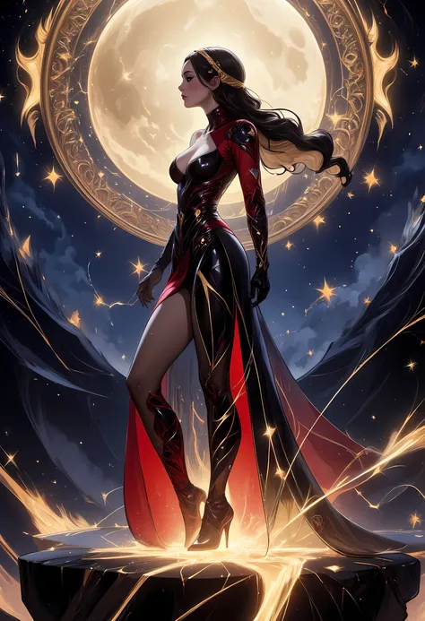 a picture of woman wearing transluminescent dress, black silk dress, intricate dress, transparent dress, red sleeves, epic beautiful woman, divine beauty, serene beauty, lush hair, long hair, stars entwined in the woman's hair, fantasy art, night time, the...