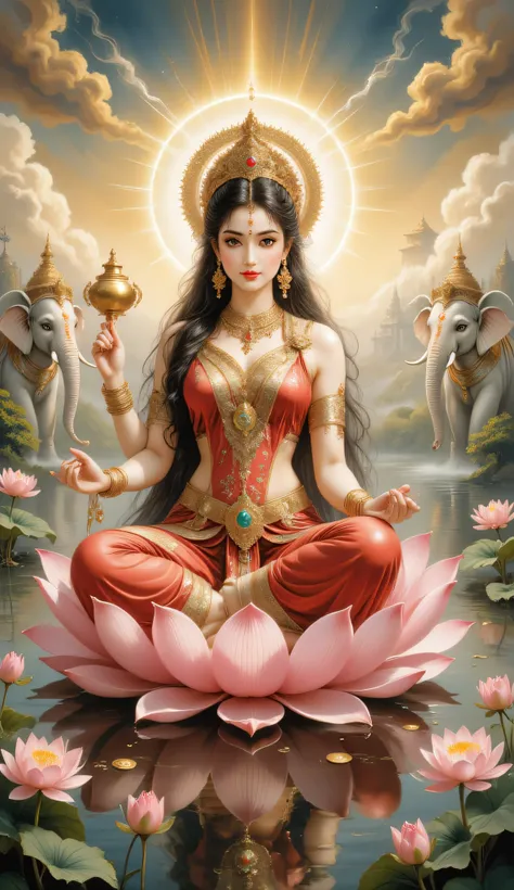 A divine and radiant portrait of Goddess Lakshmi seated gracefully on a large blooming pink lotus floating on a calm, shimmering lake under the golden light of a heavenly sunrise, surrounded by softly glowing lotuses and ethereal sparkles. She has four arm...