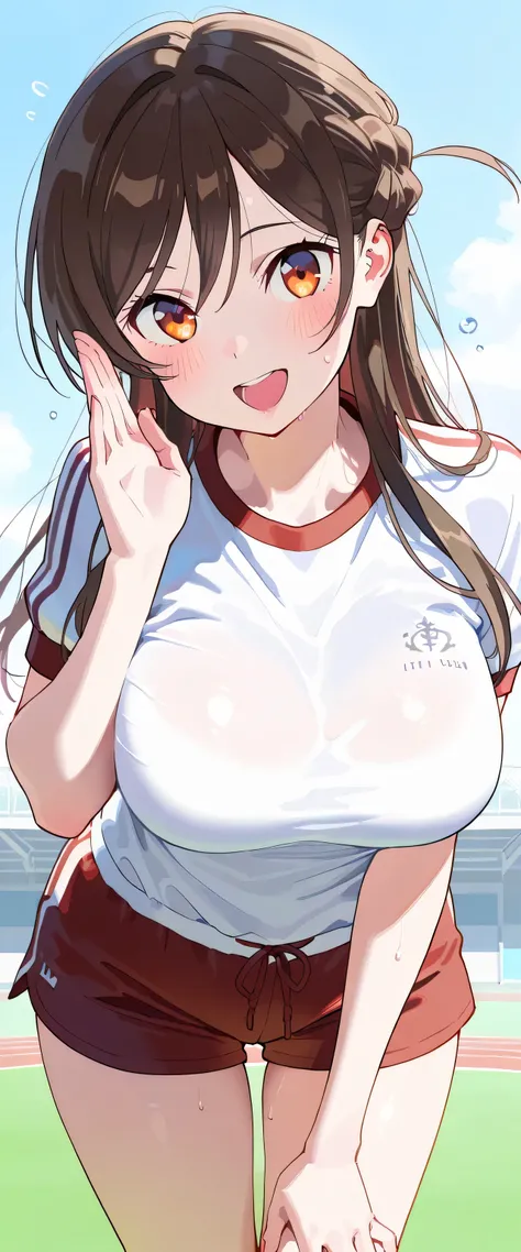 masterpiece, best quality, super detailed 8k, high resolution, 1 clean girl, solo, Chizuru Ichinose, Kanojookarishimasu, cool and cute girl, white skin, clean skin, slender, round body, ample bosom large breasts, waist length medium hair, dark brown hair, ...