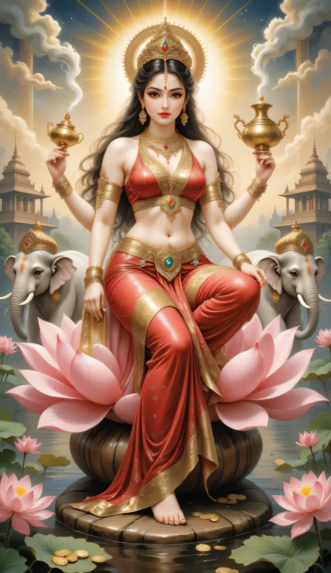 A divine and radiant portrait of Goddess Lakshmi seated gracefully on a large blooming pink lotus floating on a calm, shimmering lake under the golden light of a heavenly sunrise, surrounded by softly glowing lotuses and ethereal sparkles. She has four arm...