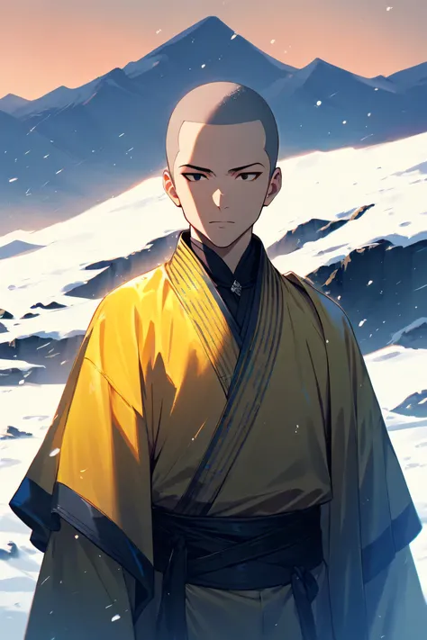 1male, high-quality, masterpiece, flawless, monk, yellow monk clothing, solo, shaved head, yellow jiasha, perfect features, relaxed expression, calm, neutral face, disciplined, master, mountain top, winter sky, dusk, perfect face, frontal view, solitary, s...