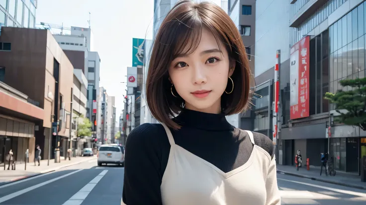 (((brown, Up to the shoulders, Straight Short Bob)))、(((An office building in Tokyo can be seen in her background、poses like a model in a beauty salon。.)))、(((Casual black long sleeve winter clothing)))、The model is one、Japanese people and Korean people an...
