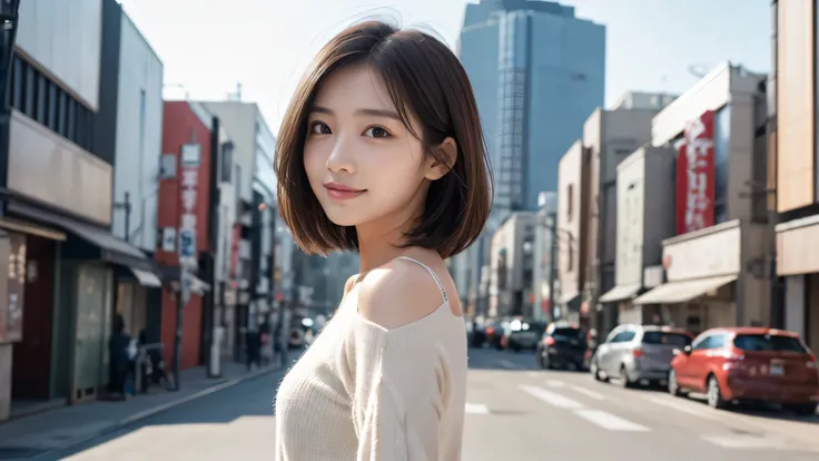 (((brown, Up to the shoulders, Straight Short Bob)))、(((Tokyo landmarks can be seen in her background、poses like a model in a beauty salon。.)))、(((Casual black long sleeve winter clothing)))、The model is one、Japanese people and Korean people and half、18-ye...