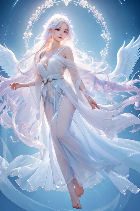 pov, upperbody:1.2, focus on face, close-up, tight framing, face filling the frame, translucent:1.8, oung girl, ethereal spirit girl, looking at viewer, glowing gaze, charming smile, angelic, glowing in radiant light, translucent feathered robe, sheer flow...