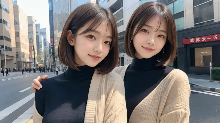 (((brown, Up to the shoulders, Straight Short Bob)))、(((The Tokyo Marunouchi office building can be seen in her background、poses like a model in a beauty salon。.)))、(((Casual black long sleeve winter clothing)))、The model is one、Japanese people and Korean ...