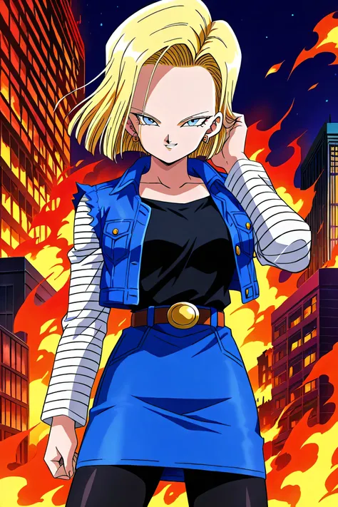 anime screencap, absurdres, high quality, official style,
android 18, short hair, blue eyes, blonde hair, evil smile, evil grin, 
android saga, classic outfit, black shirt, long sleeves, pantyhose, earrings,belt, black legwear,  denim ,denim skirt, striped...