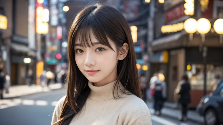(((brown, Up to the shoulders, Straight Short Bob)))、(((Tokyo landmarks can be seen in her background、poses like a model in a beauty salon。.)))、(((Casual black long sleeve winter clothing)))、Half Japanese、Half Korean 、18-year-old girl、independent、Expectati...