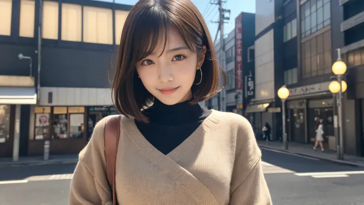 (((brown, Up to the shoulders, Straight Short Bob)))、(((Tokyo landmarks can be seen in her background、poses like a model in a beauty salon。.)))、(((Casual black long sleeve winter clothing)))、Half Japanese、Half Korean 、18-year-old girl、independent、Expectati...