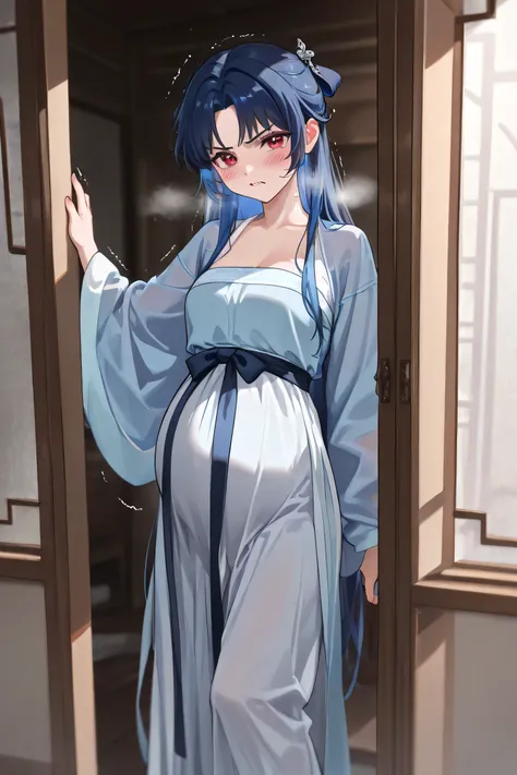 (Best quality, 4k, 8k, high resolution, masterpiece:1.2), ultra detailed, intricate details, beautiful girl, long blue hair, red eyes, bangs, small-medium breasts, perfect smooth skin, head tilted, Hanfu, Maxi skirt, dressing up modestly,, long blue hair, ...