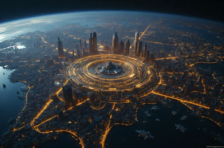 Satellite view of a sprawling cyberpunk city on another planet, depicted like a highly-detailed map glowing against the planetary surface. At its center lies the High-End District—a dense, radiant core of neon-lit skyscrapers, luxury towers, rooftop garden...