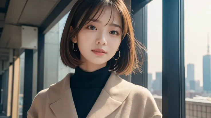 (((brown, Up to the shoulders, Straight Short Bob)))、(((Tokyo Skytree can be seen in her background、poses like a model in a beauty salon。.)))、(((Casual black long sleeve winter clothing)))、Half Japanese、Half Korean 、18-year-old girl、independent、Expectation...