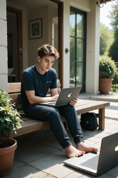 Young man with tousled hair sitting on a porch with a laptop, distracted gaze.