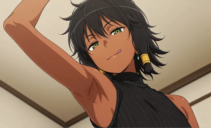 masterpiece, best quality, amazing quality, anime screencap, anime coloring, 1girl, solo, dark skin, short hair, hair tubes, black hair, green eyes, earrings, TionaHiryute, flat chest, black sweater, sleeveless sweater, ribbed sweater, turtleneck, arm up, ...