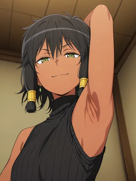 masterpiece, best quality, amazing quality, anime screencap, anime coloring, 1girl, solo, dark skin, short hair, hair tubes, black hair, green eyes, earrings, TionaHiryute, flat chest, black sweater, sleeveless sweater, ribbed sweater, turtleneck, arm behi...