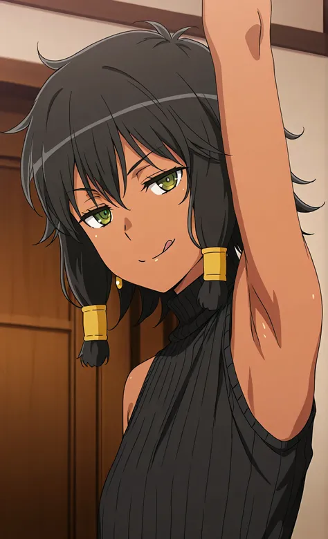 masterpiece, best quality, amazing quality, anime screencap, anime coloring, 1girl, solo, dark skin, short hair, hair tubes, black hair, green eyes, earrings, TionaHiryute, flat chest, black sweater, sleeveless sweater, ribbed sweater, turtleneck, arm up, ...