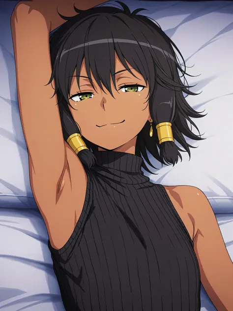 masterpiece, best quality, amazing quality, anime screencap, anime coloring, 1girl, solo, dark skin, short hair, hair tubes, black hair, green eyes, earrings, TionaHiryute, flat chest, black sweater, sleeveless sweater, ribbed sweater, turtleneck, arm up, ...