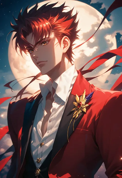 handsome man, wearing beautiful elegant black_red suit, dark_fantasy, Long yellow spiky hair, moon, pixiv, , elegant spooky, Code_Geass, dramatic light, fantasy background, , Tsutomu Nihei style, vibrant colors, Manga nib pen style, dramatic lighting, beau...