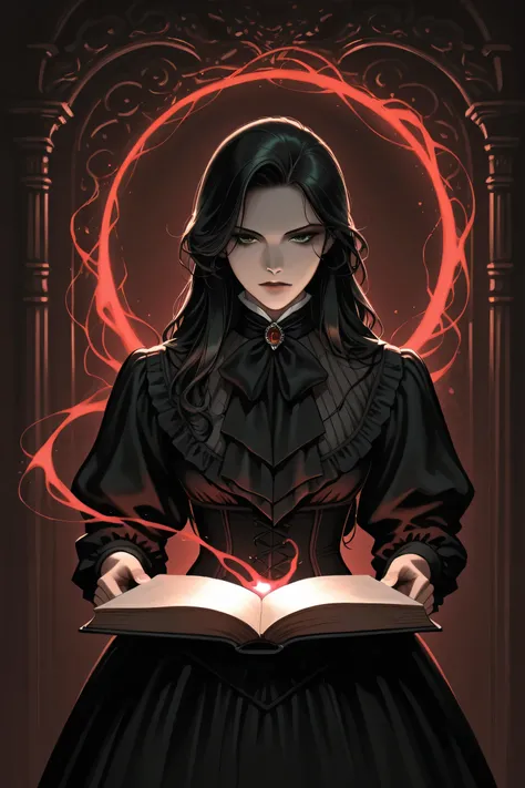 line-art, art book, best quality, 1 woman, black hair, long hair, gloomy green eyes, victorian style clothes, vampire style, dark magic around