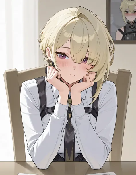 Anime character with blonde hair and purple eyes, her face so serious but still cute, she looking at you like she wanted your answer for her question, she sitting at the chair and her head lying on the table with curious face, her name is evelyn from zenle...