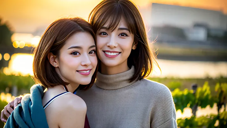 (((champagne))),(( wine glasses)),Wine Party,(White Wine)),(( wine glasseses)),(realistic, 超realistic:1.4), 16K high image qualityR, high image quality ,((White Wine)),happy smile,Age 33,Age 31,the beauty of Japan,Actress Couple,Model Couple,(gently),sh...