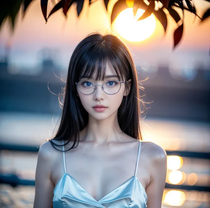 8K quality, pictures, Two beautiful men and beautiful women, (Beautiful like a goddess), The backlight of the intense sunset is dazzling, Above chest, (A shirt with no exposure at all), (Fine silver glasses:1.2), (Brilliant, beautiful, bright blue eyes:1.2...