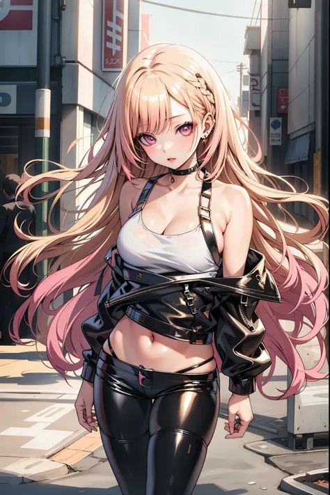 ultra high definition, of bright colors, perfect image, high quality walkers , 1 Woman , Beautiful woman , Cute Women , stand upright, looking straight , ((( Golden hair, pink ends , Straight hair))), Blue Eyes , sexy doll, big breasts ,is anatomi...