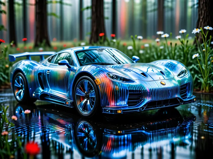 A centrally positioned in the of a futuristic sport car, its mechanical body intricately designed with gleaming metal and polished chrome surfaces. The car body made of transparent, delicate materials, buzz with a subtle hum, reflecting light in iridescent...