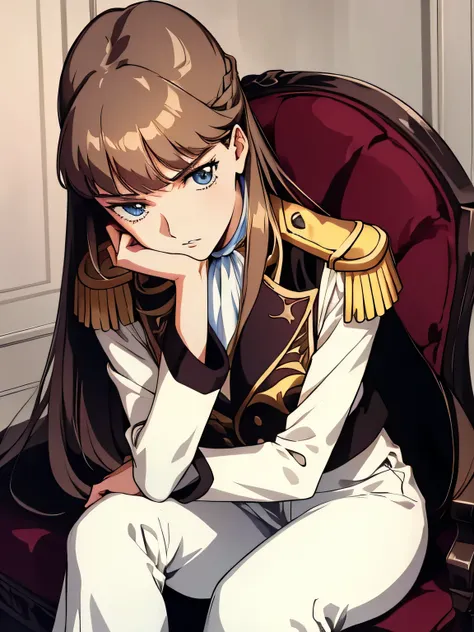 1girl,glaring ,Disgust,angry ,sitting bed ,hands on lip,parted lips ,leaning forward,look up ,BREAK,RelenaPeacecraft, hair on her eyes , long brown hair , throw, hair stuck to my eyes, dazzling,dark eyes,luxurious RelenaMilitaryUniform,white pant,BREAK ,in...