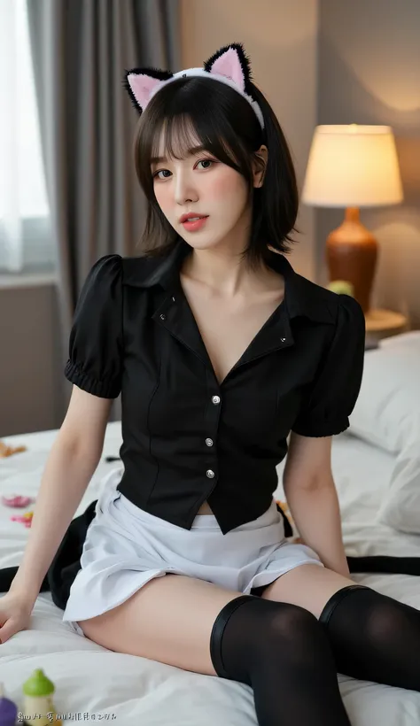 a woman, sleep on your stomach on a mattress, shirt looks full body, body facing the camera, eyes looking at camera , using a black waitress uniform with a long apron of white color, long stockings black, big size G-cup, thick hair of black color, bras an...