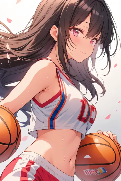 A very attractive female basketball player, framed in a close-up of her upper body and face, conquers an NBA basketball court, her side profile bold and alluring as she poses with half-closed eyes (jitome), a relaxed yet seductive expression gracing her fe...