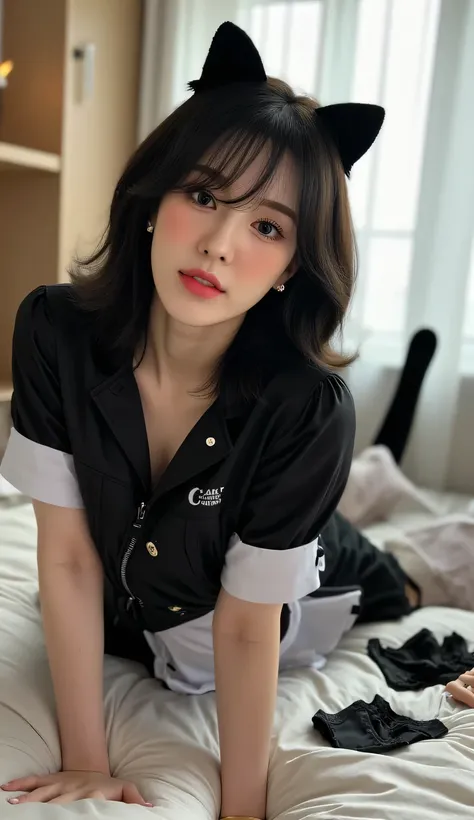 a woman, sleep on your stomach on a mattress, shirt looks full body, eyes looking at camera , using a black waiter uniform with a white apron, long stockings black, big size G-cup, thick hair of black color, bras and condoms scattered in the living room, ...