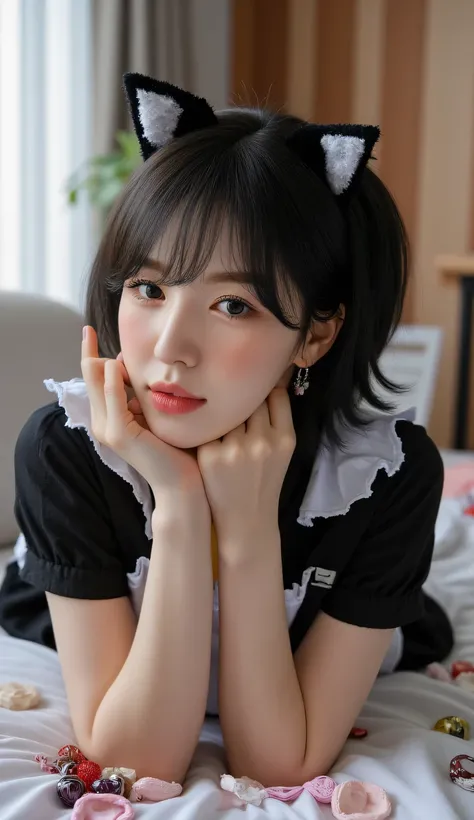 a woman, sleep on your stomach on a mattress, eyes looking at camera , using a black waitress uniform with a white apron, long stockings black, big size G-cup, thick hair of black color, bras and condoms strewn across the living room, use a cat ear band a...