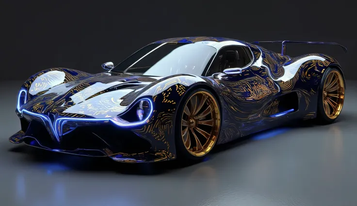 A futuristic, dark-colored sports car is centrally positioned in the image. The car's body is a deep, metallic navy blue with intricate, flowing lines and patterns that resemble organic forms. Gold accents and highlights add depth and detail to the sculpt...