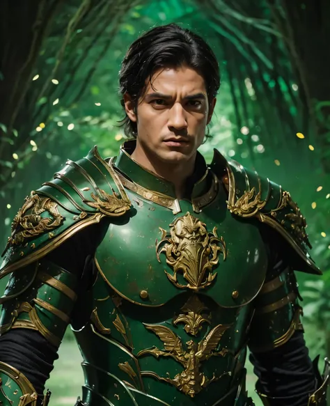 A General, he has brown eyes and black hair. He is wearing full green armour. Realistic with cinematic vibe.