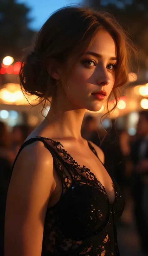 one girl, ((Highest quality)), ((masterpiece)), (detailed), ((very detailed face)), High resolution photograph, smile, full body portrait, slim face, pretty woman, (dark brown hair), (long dress:1.1), She is wearing an evening dress to go to the dance part...