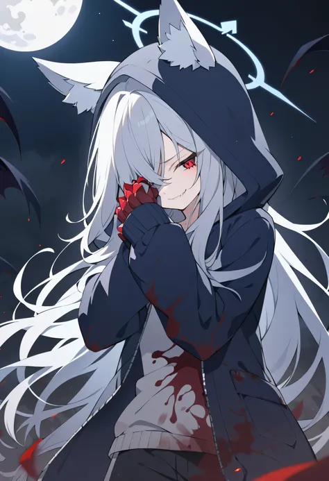 long hair,Silver Hair, girl,Light blue halo, gray wolf ears,alone,night,red pupil,night,dark blue jacket,dirty clothes(stained with blood),black sweatpants(Be covered with dust),hair covering eyes,wearing hood hood up,An evil smile, heads down,Cover one's...