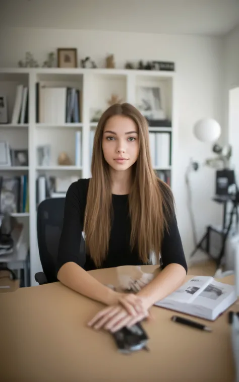 a beautiful 18 year age girl, long hair,lips fully closed , sitting in a chair professionally ,a working table in front , seated behind a table , hands on the table, leaning on the table , the background is a studio room with book shelf and other decoratio...