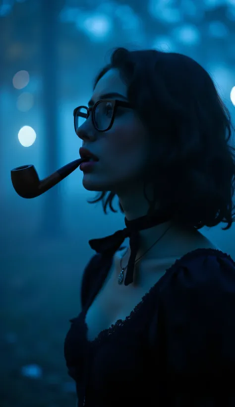 A full body dramatic artistic side shot of a young beautiful woman with dark wavy hairstyle, wearing thick black rimmed glasses and smoking a wooden pipe, bowtie choker, wearing artistic clothes, cinematic shot, cinematic composition, thick mist, ((((deep ...
