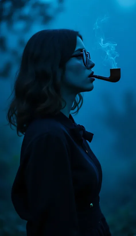A full body dramatic artistic side shot of a young beautiful woman with dark wavy hairstyle, wearing thick black rimmed glasses and smoking a wooden pipe, bowtie choker, wearing artistic clothes, cinematic shot, cinematic composition, thick mist, ((((deep ...