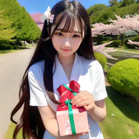 A breathtakingly beautiful 20-year-old woman stands in a lush park filled with cherry blossoms in full bloom beneath a clear blue sky. She wears a classic sailor uniform and gently holds a small, neatly wrapped gift box adorned with a red ribbon. Her radia...
