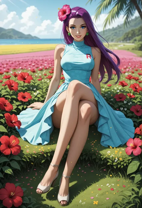 score_9, score_8_up, score_7_up, ultra detailed, full body, looking at viewer, Jessie, blue eyes, purple hair, long hair, hair slicked back, earrings, hair flower, hibiscus, flower dress, frills, sleeveless, flower field, outside, blooming flowers, pollen ...