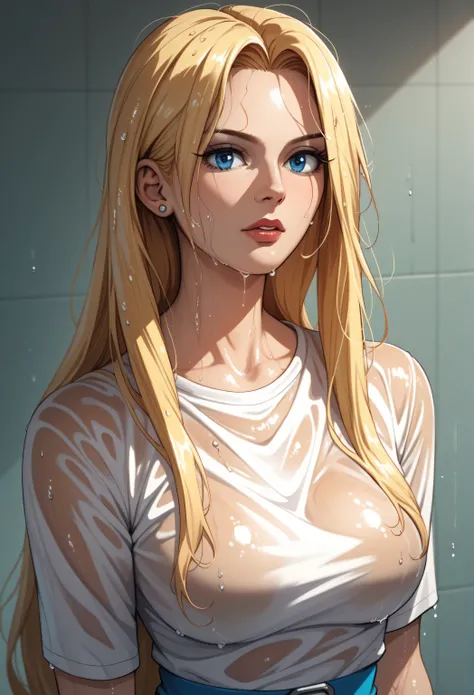score_9, score_8_up, score_7_up, score_6_up, source anime, BREAK 1girl, solo, mature girl, adult, Maria Robotnik, \(Sonic\), blonde hair, sidelocks, long hair, blue eyes,  wet hair, wet clothes, dazed