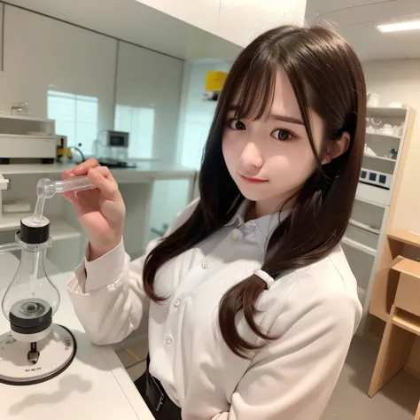 Depict a 20-year-old, stunningly beautiful woman conducting an experiment in a well-equipped science lab. She wears a pristine white lab coat over professional attire, her expression focused as she carefully handles scientific instruments. Whether her hair...